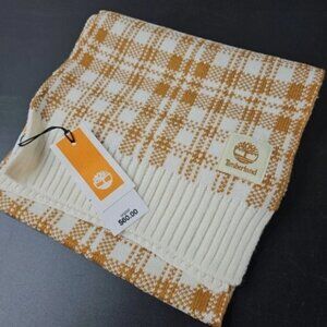 NWT Timberland Buffalo Plaid Knit Scarf Cozy Logo Checkered Tan Cream